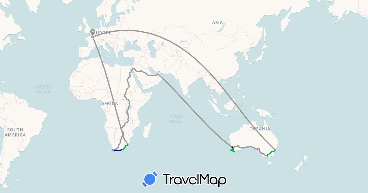 TravelMap itinerary: driving, bus, plane, train in United Arab Emirates, Australia, France, South Africa (Africa, Asia, Europe, Oceania)